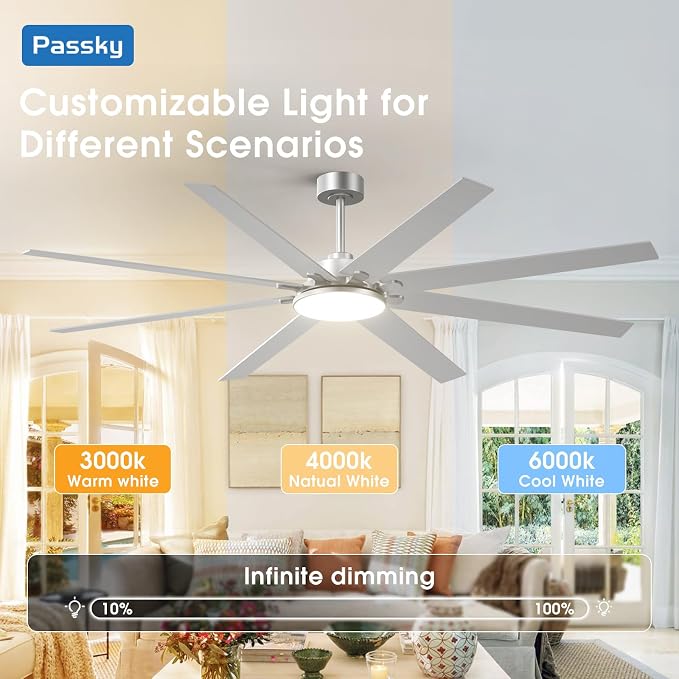 80 inch Ceiling Fans with Lights, Large Modern Ceiling Fan with Light and Remote Control, Reversible, Dimmable, 3CCT, Quiet, Nickel Ceiling fan For Bedroom Living Room Patio Farmhouse, Indoor/Outdoor