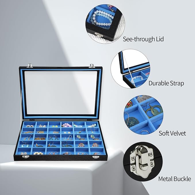 Stratalife 30 Grid Earring Organizer, Jewelry Holder Organizer with Lid | PU Leather Storage Box for Earring, Ring, Studs and Trinkets, Soft Velvet Drawer Organizer for Women, Dustproof, Blue Black