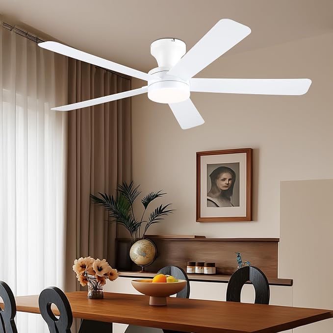 Ayaoty White Ceiling Fans with Lights, 46"- Flush Mount Ceiling Fan Light with ABS Blades Reversible, Low Profile, 3CCT Dimmable, Reversible, Fan Light for Indoor Modern Bedroom, Kitchen