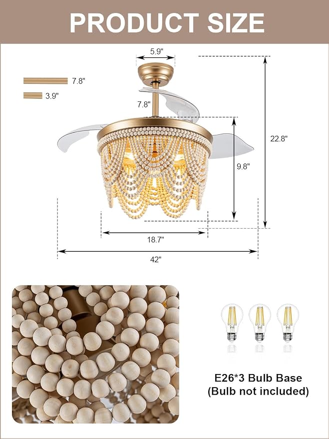 42 Inch Boho Fandelier Ceiling Fan with Light Retractable Ceiling Fan with Lights Wood Beaded Coastal Chandelier, 6 Speeds Reversible Quiet DC Motor for Bedroom Living Room