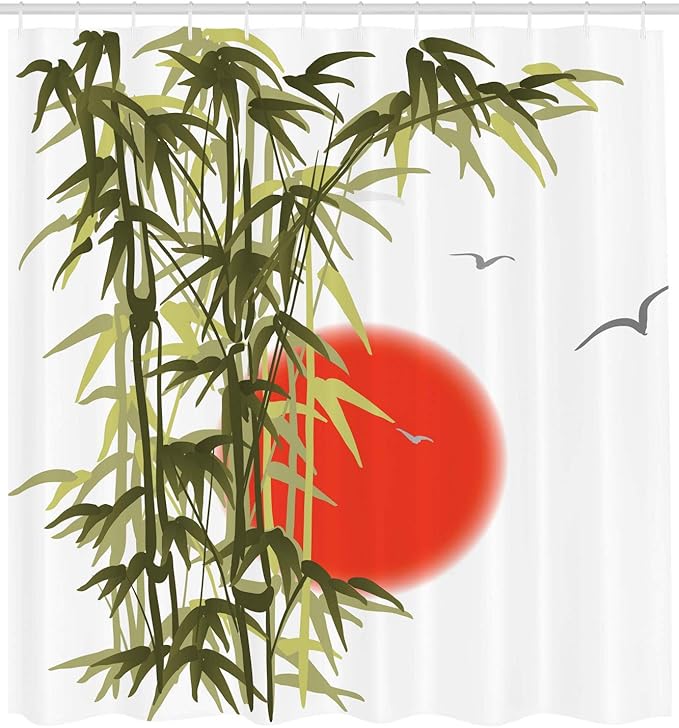 Ambesonne Asian Shower Curtain, Abstract Trees on Sunset Background Design Birds and Sun Image Folk Vibes, Cloth Fabric Bathroom Decor Set with Hooks, 69" W x 75" L, Olive Green Vermilion