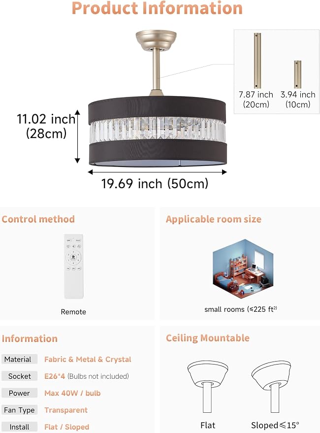Black and Gold Crystal Fandelier Ceiling Fans with Lights, 20" Farmhouse Rustic Ceiling Fan with Light Remote Control, Caged Mid-Century with 6 Speeds for Bedroom, Nursery, Living Room