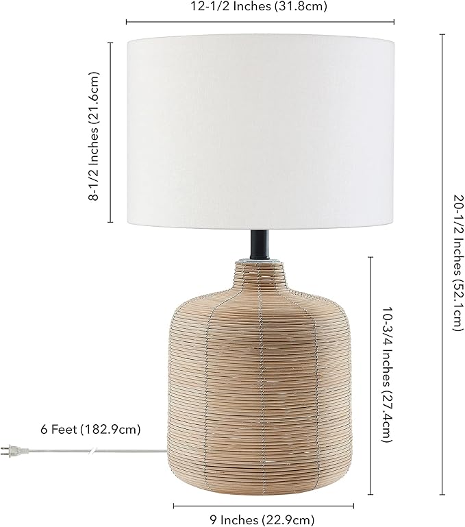 Henn&Hart 20.5" Tall Petite/Rattan Table Lamp with Fabric Shade in Natural Rattan/Brass/White, Lamp, Desk Lamp for Home or Office