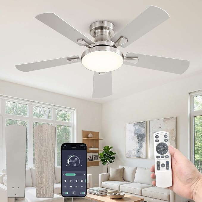 ZMISHIBO 42 Inch Ceiling Fans with Lights, Flush Mount Low Profile Ceiling Fan with 6 Speeds & 3CCT, Smart Remote&APP Control, Dimmable 24W LED Light, Quiet DC Motor for Living Room Bedroom,Nickel