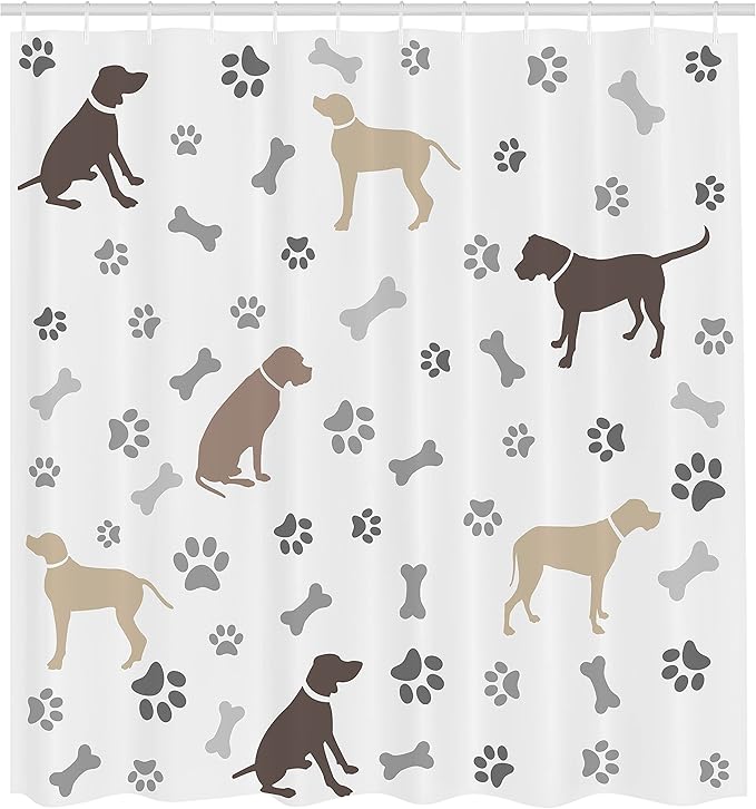 Ambesonne Dog Lover Shower Curtain, Paw Print Bones and Dog Silhouettes American Foxhound Breed Playful Pattern, Cloth Fabric Bathroom Decor Set with Hooks, 69" W x 75" L, Umber Beige Grey