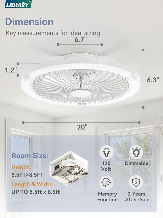 LEDIARY 20" Bladeless Ceiling Fan with Light,Low Profile LED Ceiling Fans with Remote & Smart APP Control,Modern Enclosed Flush Mount Fandelier with Timming,6 Speed,3000-6000K,Bedroom,Kids Room-White