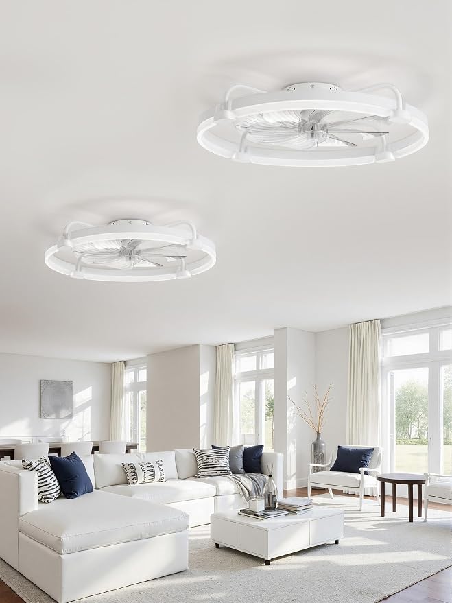 LEDIARY 2 Pack Ceiling Fans with Lights and Remote, 24'' Low Profile Ceiling Fan with Light, 3000-6000K Dimmable Fandelier LED Fan Light, 6 Wind Speeds, White Flush Mount Ceiling Fan for Bedroom