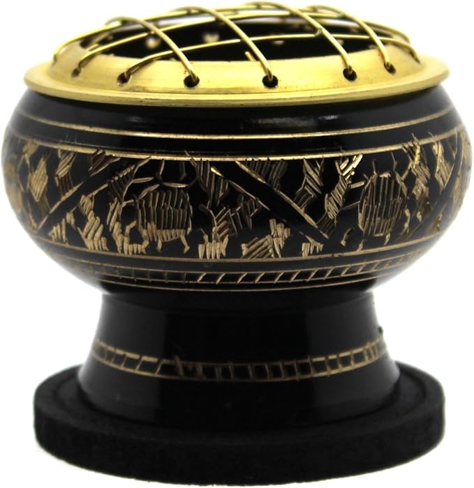 Govinda - Small Decorated Brass Charcoal Screen Incense Burner with Wooden Coaster