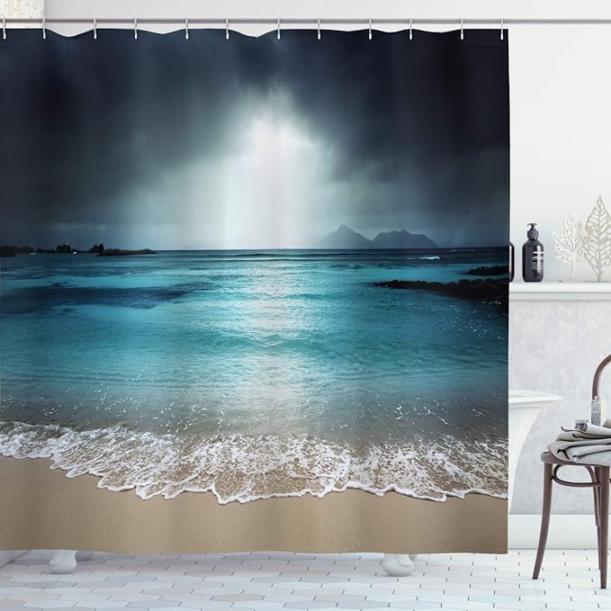 Ambesonne Tropical Shower Curtain, Storm Sky on The Beach of La Dugue Island Seychelles Dramatic Scene, Cloth Fabric Bathroom Decor Set with Hooks, 69" W x 75" L, Blue Petrol