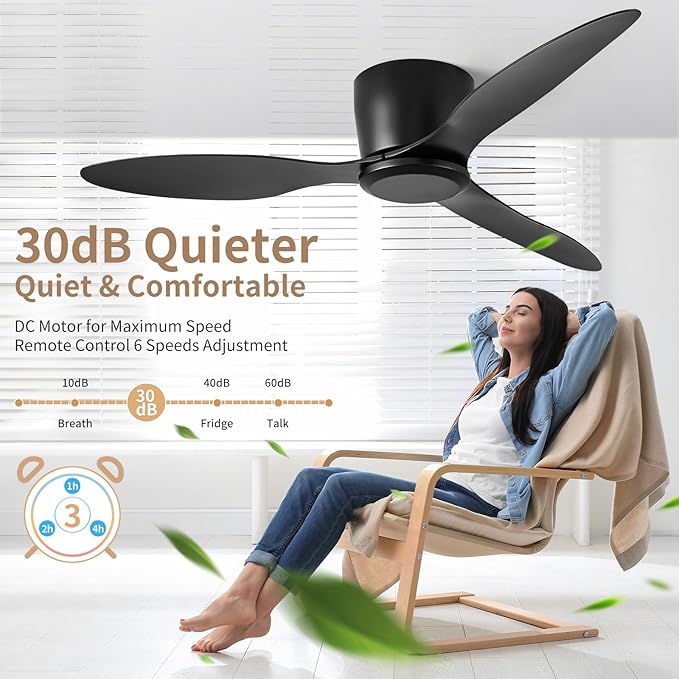 Ceiling Fans No Light with Remote Control Flush Mount 42 Inch Black | Low Profile Ceiling Fan Without Lights 6 Speed Reversible FCC Timing, ABS blades, quiet operation, pure copper motor