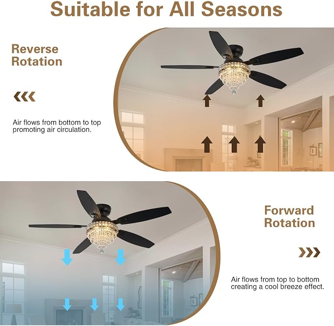 Crystal Ceiling Fan Fandelier with Lights-Ceiling Fans with Lights,54" Low Profile and Remote Control, Flush Mount, Reversible, Dimmable, Noiseless, Black Ceiling Fan for Bedroom