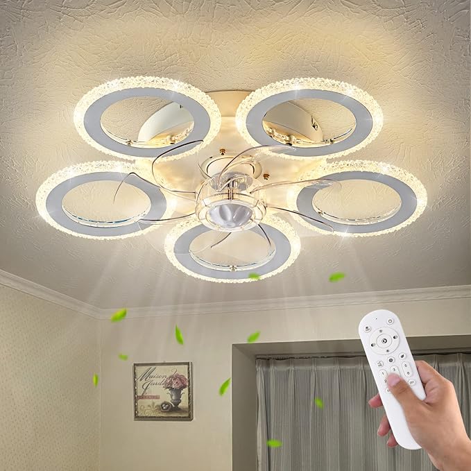 Dalouguan Modern Ceiling Fan with Light, 20" White Personality Geometric 6 Speeds 3 Light Color Low Profile Flush Mount Ceiling Fan for Kitchen Bedroom