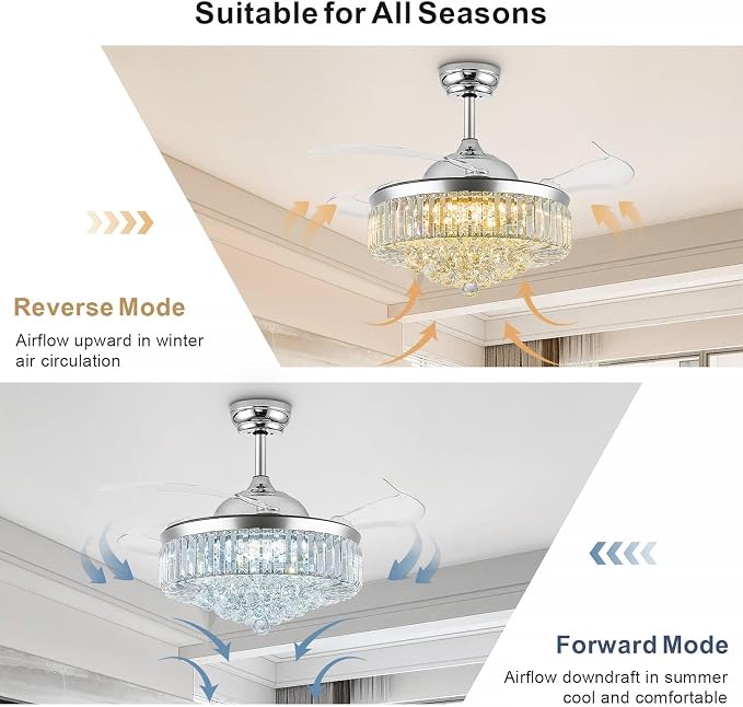 48 Inch Fandelier Ceiling Fans with Light, Chandelier Ceiling Fan, Retractable Ceiling Fan for Bedroom, Living Room, 3 Color Change, LED Dimmable, 6 Speeds, Reversible DC Motor- Chrome