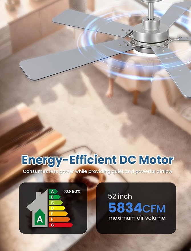 52 Inch Ceiling Fan with Lights and Remote, Downrod Mount, Sloped Ceiling Compatible up to 15°, Quiet Reversible DC Motor, 3CCT Dimmable LED, Nickel Ceiling Fan for Bedroom Living Room