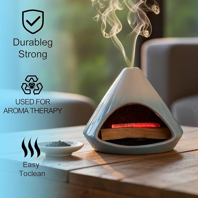 Ceramic Sage Smudging Holder, Pyramid Design Incense Burner with Smoke Outlet, 4.7 x 4.5 x 0.39 Inch, Black and White Glazed Finish (Blue)