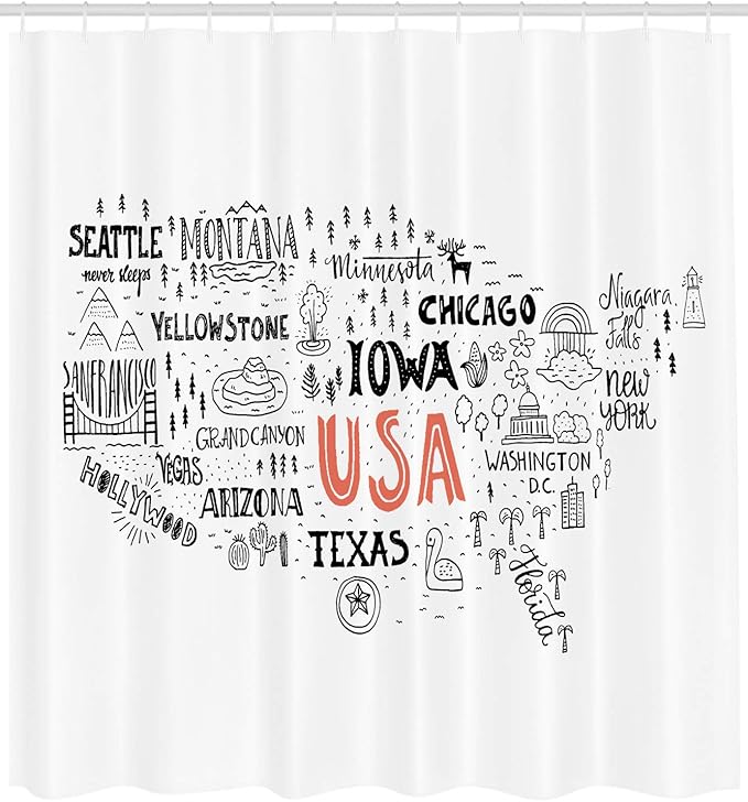 Ambesonne USA Map Shower Curtain, United States of America City Typography Pattern with Local Concept, Cloth Fabric Bathroom Decor Set with Hooks, 69" W x 75" L, Salmon White