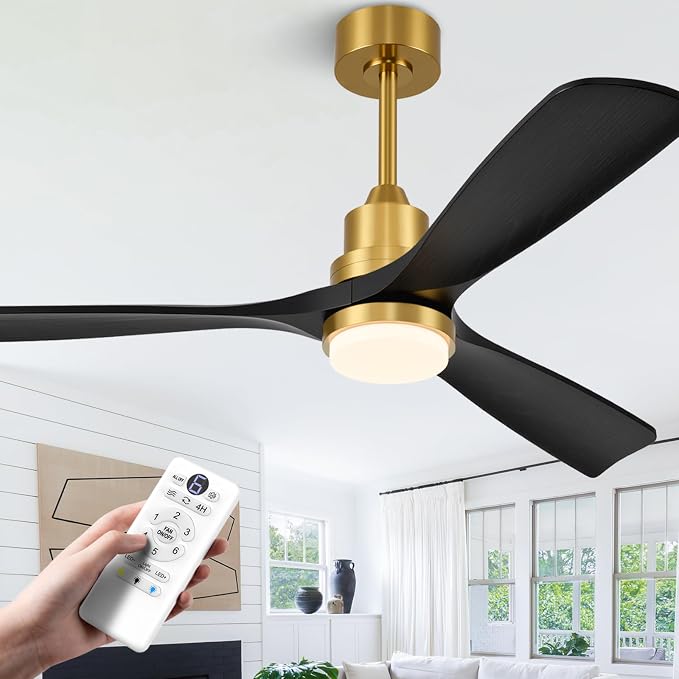 52 inch Smart Ceiling Fan with Lights,Outdoor Ceiling Fan 3 Wood Blades Compatible with Alexa/Gg Voice Control&App&Remote,Quiet DC Motor for Covered Patio Porch Bedroom,Black and Gold