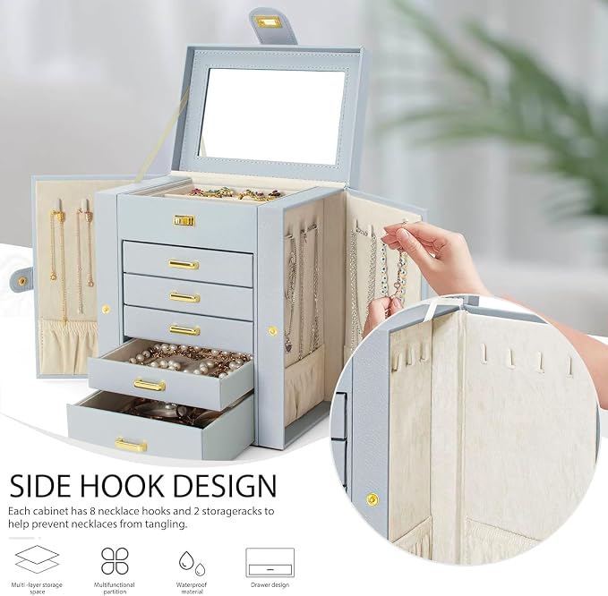 AKOZLIN 6-Tier Jewelry Box Organizer Functional 5 Drawers Leather Jewelry Storage Case for Women Girls Ring Necklace Earring Bracelet Holder Organizer with Mirror Grey Regular