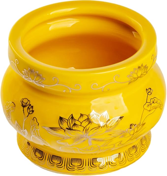 Houlu Small Yellow Ceramic Incense Burner Pot for Praying Buddha, Tibetan Buddhist Altar Worship Incense Censer - 4 Inches