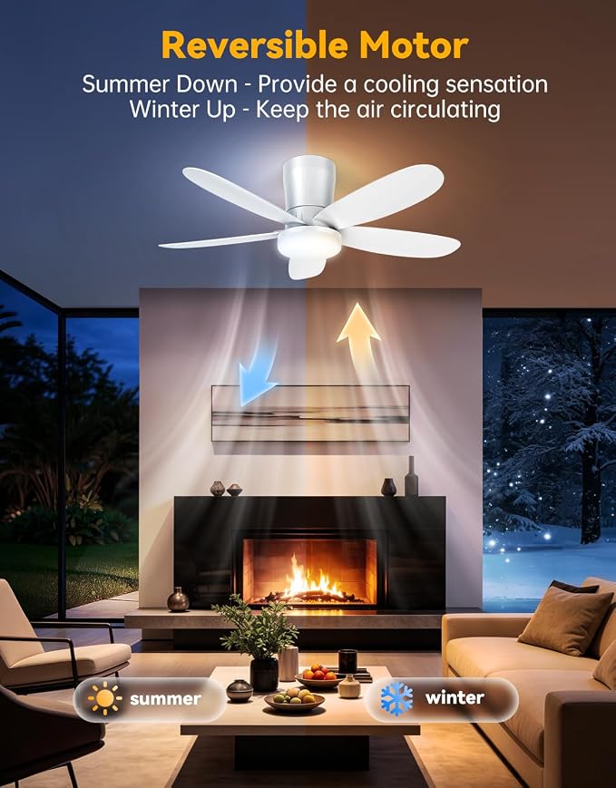 Ceiling Fans with Lights, Low Profile 42-Inch Modern White Small Ceiling Fan for Bedroom Indoor Outdoor - Dimmable Fans with Timer Remote Control Flush Mount Reversible 5 Blades 6 Speeds
