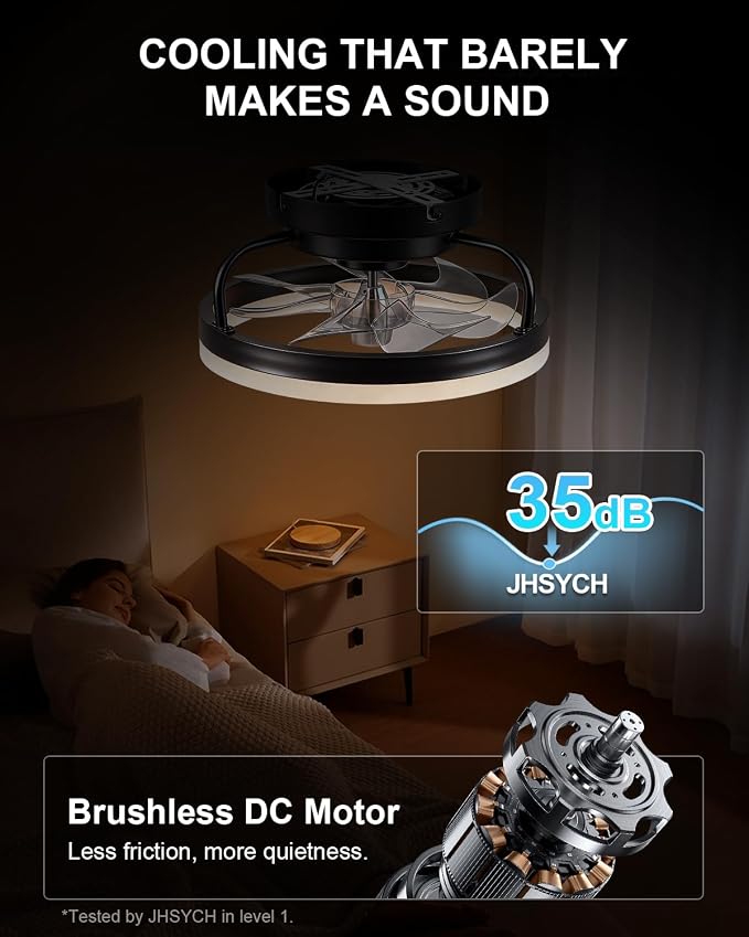 Ceiling Fan with Lights, Low Profile Ceiling Fans with Lights and Remote, Flush Mount LED Fan Light, Modern Bladeless Fandelier for Bedroom Works with APP, 12IN Black