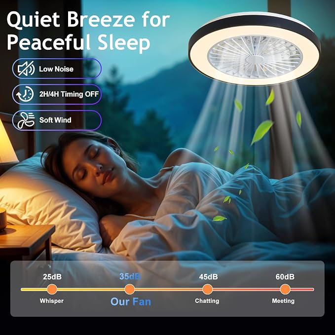 Depuley RGB Ceiling Fan with Light: 19" Enclosed Low Profile Flush Mount LED Ceiling Fans with Remote Control - Modern Black Bladeless Fandelier Dimmable Quiet DC Motor for Bedroom KTV Room
