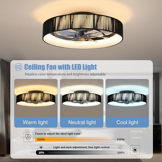 19.6'' Farmhouse Dimmable Ceiling Fan with Lights and Remote Control,Flush Mount Boho Ceiling Fan with Light,chandelier with fabric shades,LED Light 3 Color Temperatures 6-Speed Timer for Bedroom