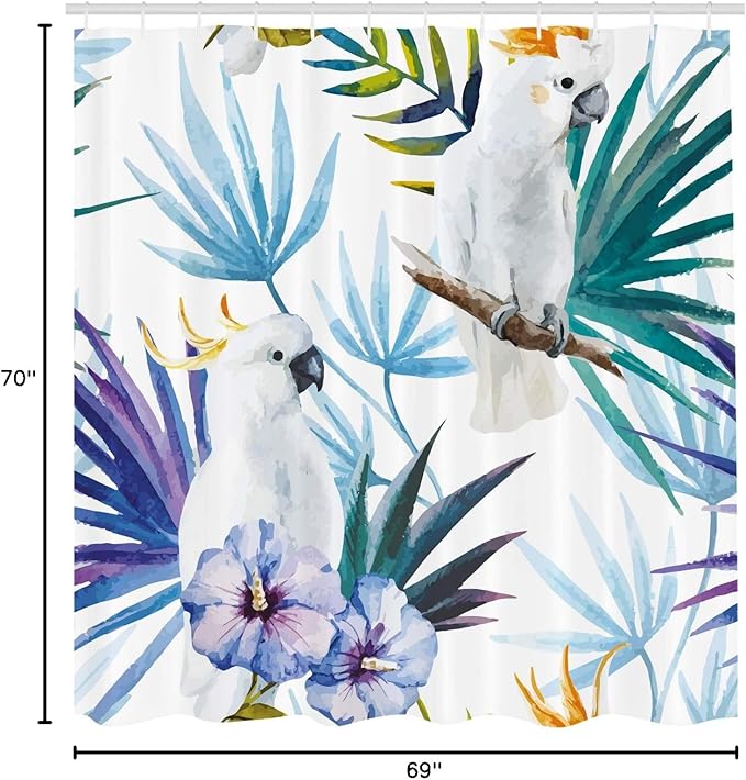 Ambesonne Tropical Shower Curtain, Watercolor White Parrot Birds on Palm Tree Branches Leaves Exotic Nature Art, Cloth Fabric Bathroom Decor Set with Hooks, 69" W x 70" L, Purple Green