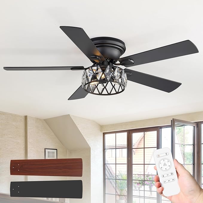 52 Inch Flush Mount Ceiling Fans with Lights and Remote, Double-Sided 5-Blade, 6-Speed Reversible DC Motor, Modern Low Profile Ceiling Fan Crystal Fandeliers for Bedroom Living Room Kitchen (Black)
