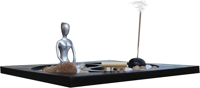 Zen Garden Deluxe Desk Meditation Garden Yin Yang Base with Silver Statue, Sand, Rocks, Rake, Incense and Incense Burner - Peace & Tranquility