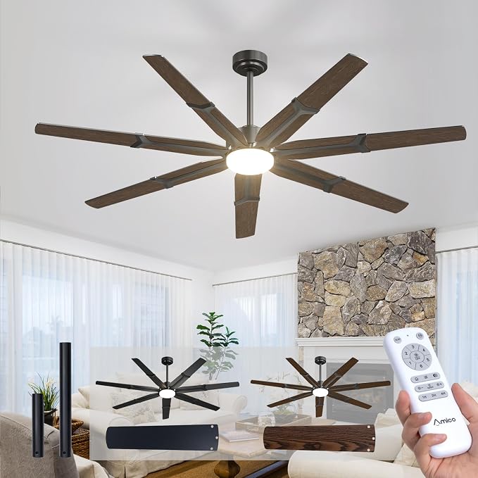Amico 72 Inch Ceiling Fans with Lights and Remote, Indoor Outdoor Ceiling Fan for Patio Living Room, Kitchen, Quiet 6-Speed Reversible DC Motor, Dual-Sided Blades, Modern Farmhouse Dimmable & 3CCT