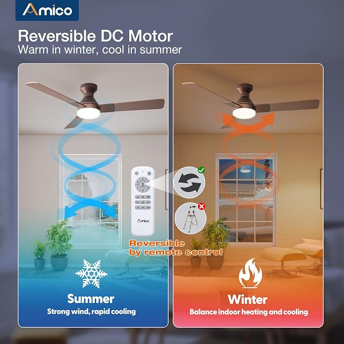 Amico Ceiling Fans with Lights, 52 inch Low Profile Ceiling Fan with Light and Remote Control, Flush Mount, Reversible, 3CCT, Dimmable, Noiseless, Brown Ceiling Fan for Bedroom, Indoor/Outdoor Use