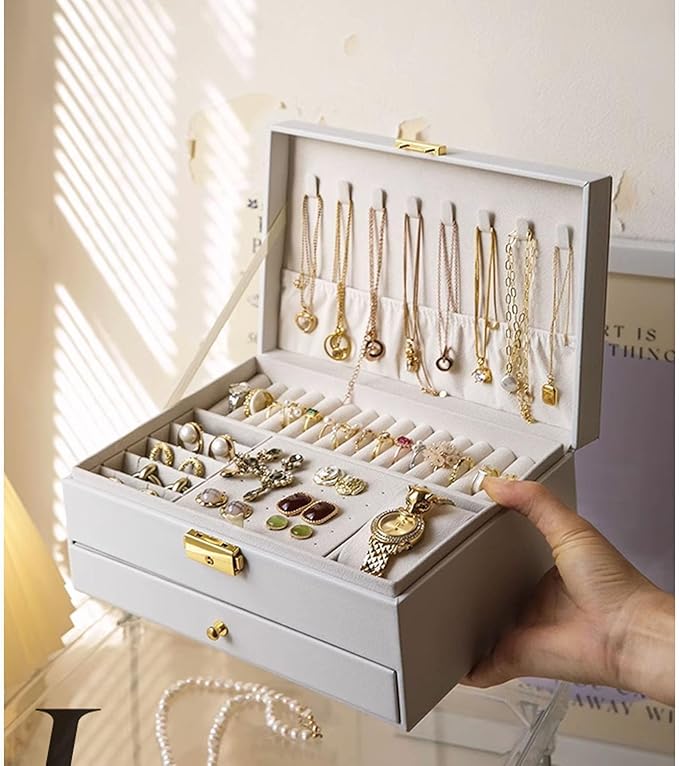 GUOER Jewelry Box for Women Girls, Two Layers Jewelry Organizer (White) | Vintage Quilting Stitching PU Leather, Earrings Bracelets Rings Necklace Watches Storage Large Jewellery Holder Case Gifts
