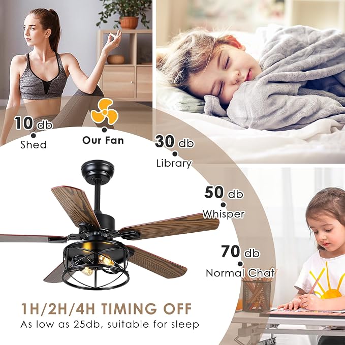 Hounberi 42 Inch Farmhouse Ceiling Fan with Light, Rustic Caged Ceiling Fans with Lights and Remote, Dual Finish 5 Blades, 6 Speeds, Reversible DC Motor, Vintage Rustic Ceiling Fans for Living Room