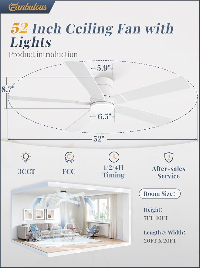 Fanbulous 52” Ceiling Fans with Lights and Remote, Flush Mount Ceiling Fan | Low Profile,Modern Ceiling Fan with LED Light, 5 Blades, 3CCT, 6 Speeds,Timer,Bedroom, Indoor, Outdoor,Living room,White