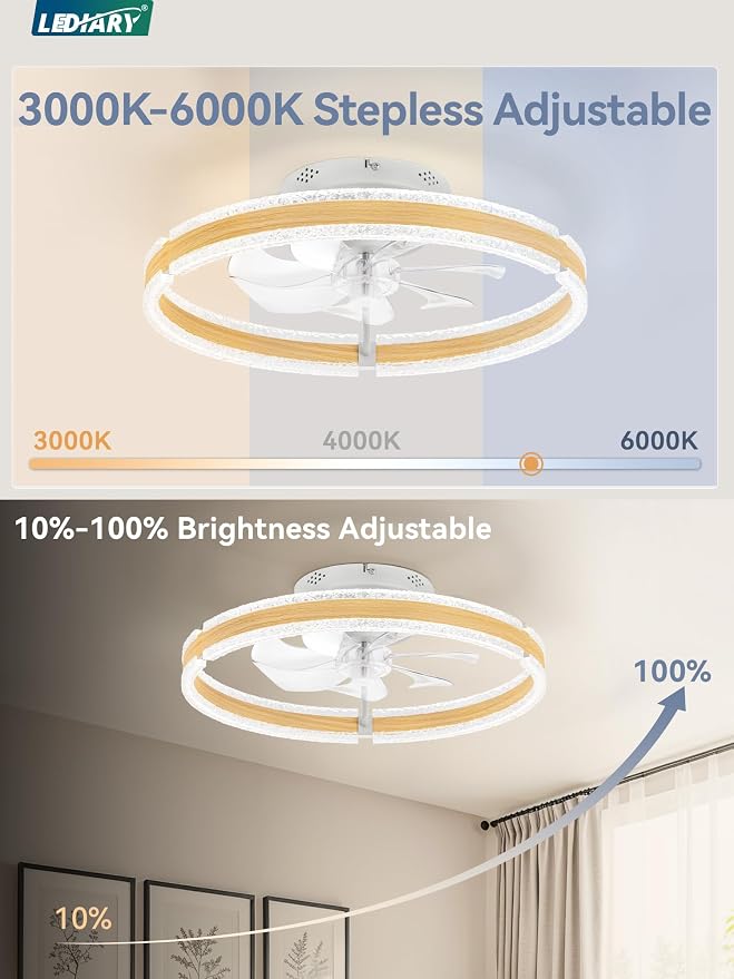 LEDIARY Ceiling Fans with Lights and Remote, 20'' Low Profile Ceiling Fan with Light, 3000-6000K Dimmable Fandelier Ceiling Fans, Modern Flush Mount Fan Light for Bedroom with 6 Wind Speeds-Wood Grain