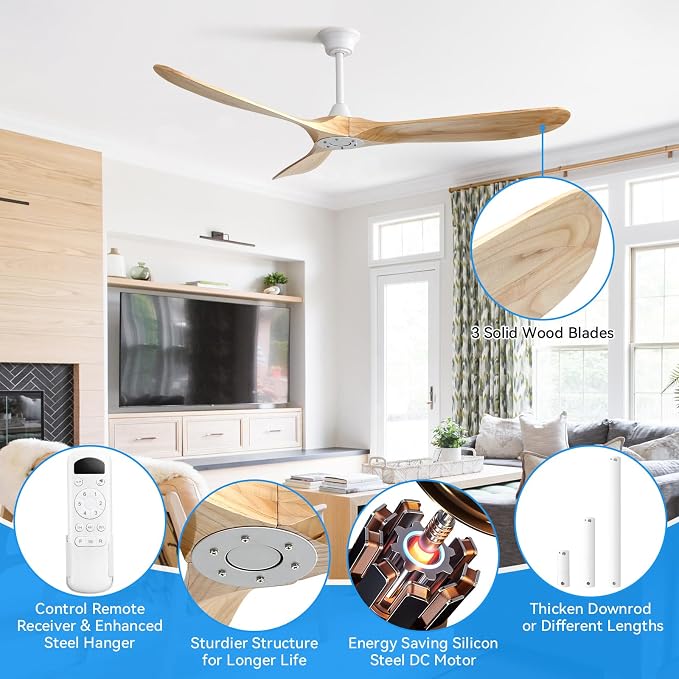 Sofucor 60 Inch Ceiling Fans No Light-Outdoor Ceiling Fan with Remote Control, 3 Blade Reversible DC Motor, Modern Wood Ceiling Fan Without Light for Bedroom Indoor Patios Farmhouse, Burlywood