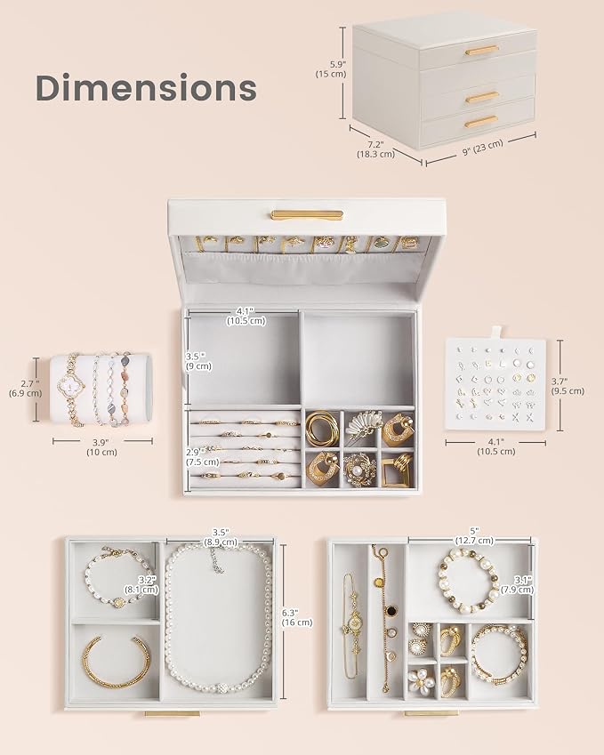 Lolalet 3-Layer Jewelry Box Organizer Holder for Women Girls Mom -Beige | Jewelry Storage Case with Drawers for Necklaces Ring Earrings Bracelet Watch, Gifts Choice for Mom Mother’s Day