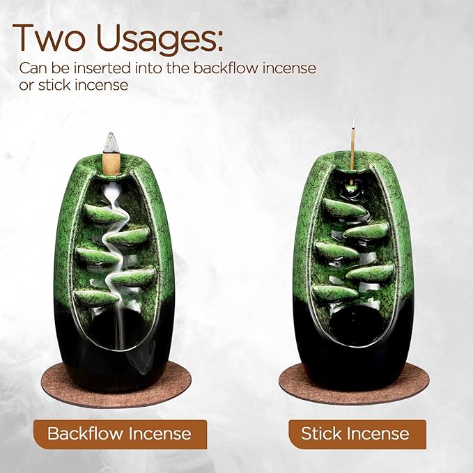 SPACEKEEPER Ceramic Backflow Incense Holder Incense Burner Waterfall with 120 Backflow Incense Cones & 30 Incense Stick, Aromatherapy Ornament Home Decor, Green