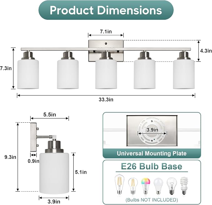Ascher Bathroom Light Fixtures, 5-Light Vanity Light Over Mirror, Brushed Nickel Wall Sconces with Milky White Frosted Glass Shades, Wall Lamp for Living Room Bedroom, E26 Base(Bulbs Not Included)