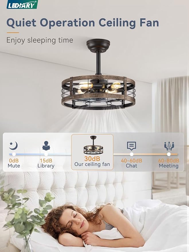 LEDIARY 18 Inch Caged Ceiling Fan with Light, Fandelier Farmhouse Ceiling Fan with Remote, Small Bladeless Fan Lights Ceiling Fixtures for Kitchen, Bedroom, Outdoor-Black and Gold
