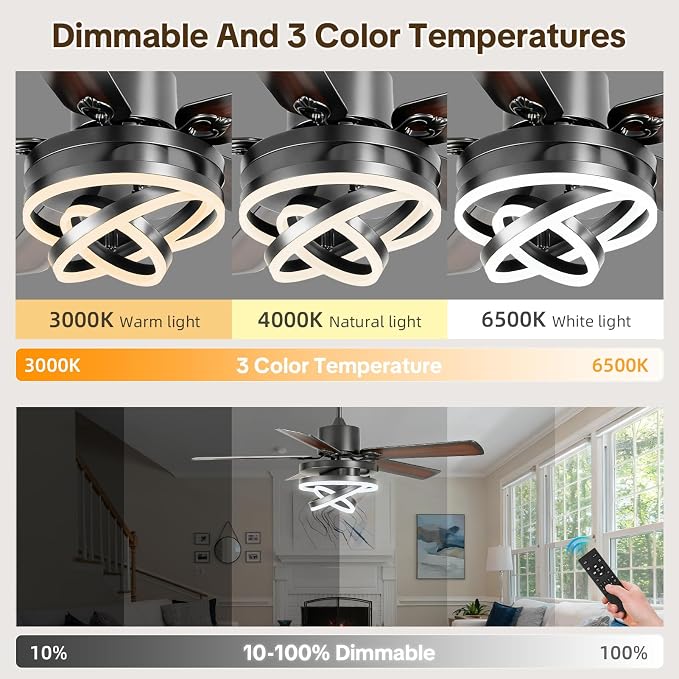 52 Inch Chandelier Ceiling Fans with Lights, Modern Ceiling Fan with Remote Control for Living Room Kitchen, Dimmable, 6 Speed Reversible DC Motor, Dual Finish, Black