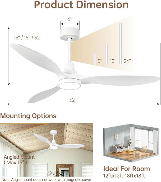 Ovlaim 52 Inch White Wood Ceiling Fan with Light and Remote | 30dB Quiet DC Motor, 6-Speed, Dimmable 3-Color, Memory Function, Reversible Motor, 3 Downrods Included, Bedroom Living Room