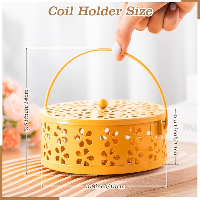 Lallisa 4 Pieces Mosquito Coil Holder Incense Coil Holder Retro Portable Metal Hanging Incense Burner with Handle Round for Home Camping Indoor Outdoor Patio(Yellow)