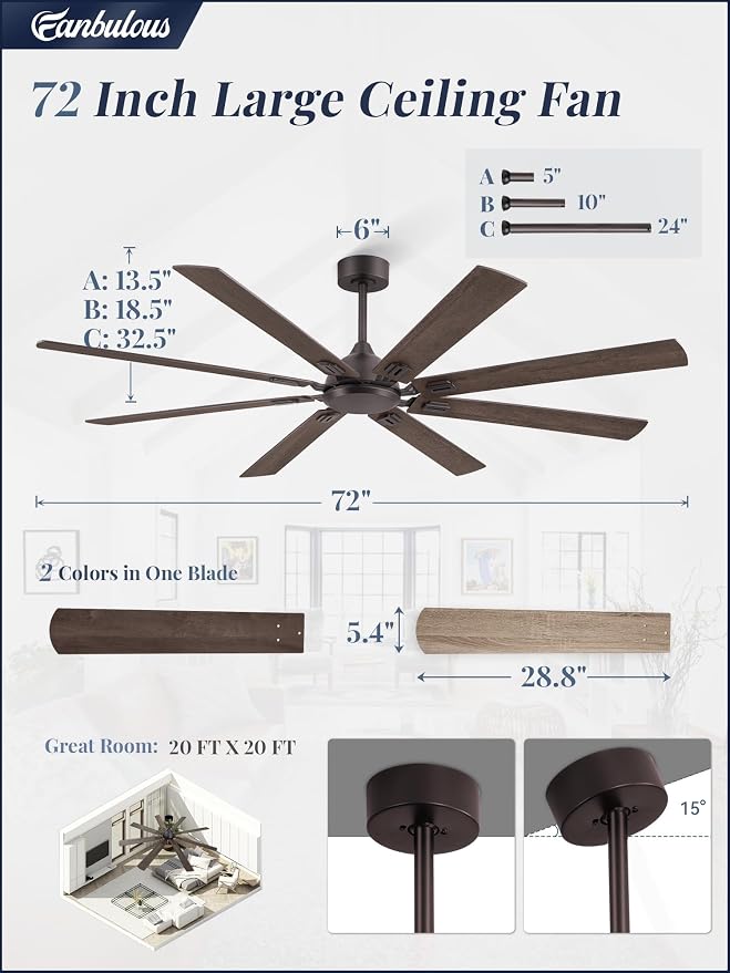 72 Inch Ceiling Fans No Light with Remote, Modern Ceiling Fan Without Light, Dual Finish 8 Blades, Reversible DC Motor, 6 Speed, Large Ceiling Fan for Indoor or Covered Outdoor, Oil Bronze