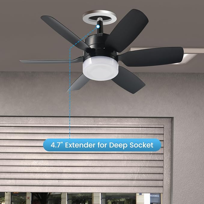 Fanspex 20.5'' Socket Ceiling Fan Light for Home Living Room Bedroom Garage | 5 Fan Speeds with 3 Colors Adjustable Light, 8 Hours Timer, Black