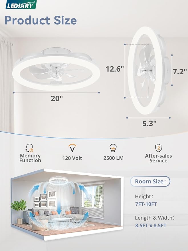 LEDIARY 2 Pack 20 Inch Low Profile Ceiling Fans with Lights and Remote, Dimmable Modern Fan Light(3000K-6000K), 6 Speed, Reversible, APP & Remote Control, Flush Mount Ceiling Fan for Bedroom, White