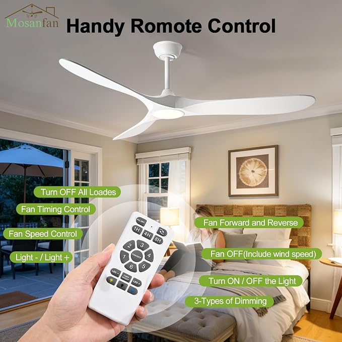 52 Inch Ceiling Fans with Lights and Remote, Wood Outdoor Ceiling Fan with 6 Speed Noiseless DC Motor, Indoor Modern 3 Blade Propeller Ceiling Fan for Bedroom Living Room Gazebo Patio (White)