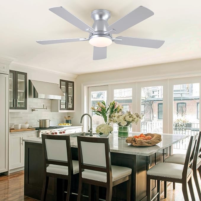 46 Inch Ceiling Fans with Lights and Remote, Flush Mount, Silver | Low Profile, Dimmable LED, Reversible, Quiet DC Motor, Wooden Blades, for Modern Apartment Bedroom Home Office Living Room