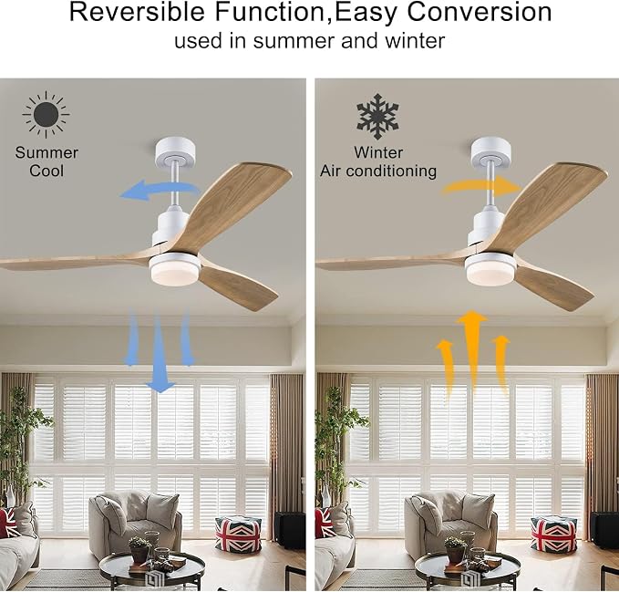 52 Inch Solid Wood Ceiling Fans with Lights, White Modern Ceiling Fan Light with Remote Silent Reversible DC Motor, Dimmable Led Home Decor Fan for Bedroom Living Room Patio